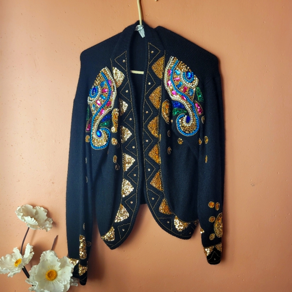 Cristina Sweater Size M Black Cardigan Sequins Sequined Bling Beads Beaded